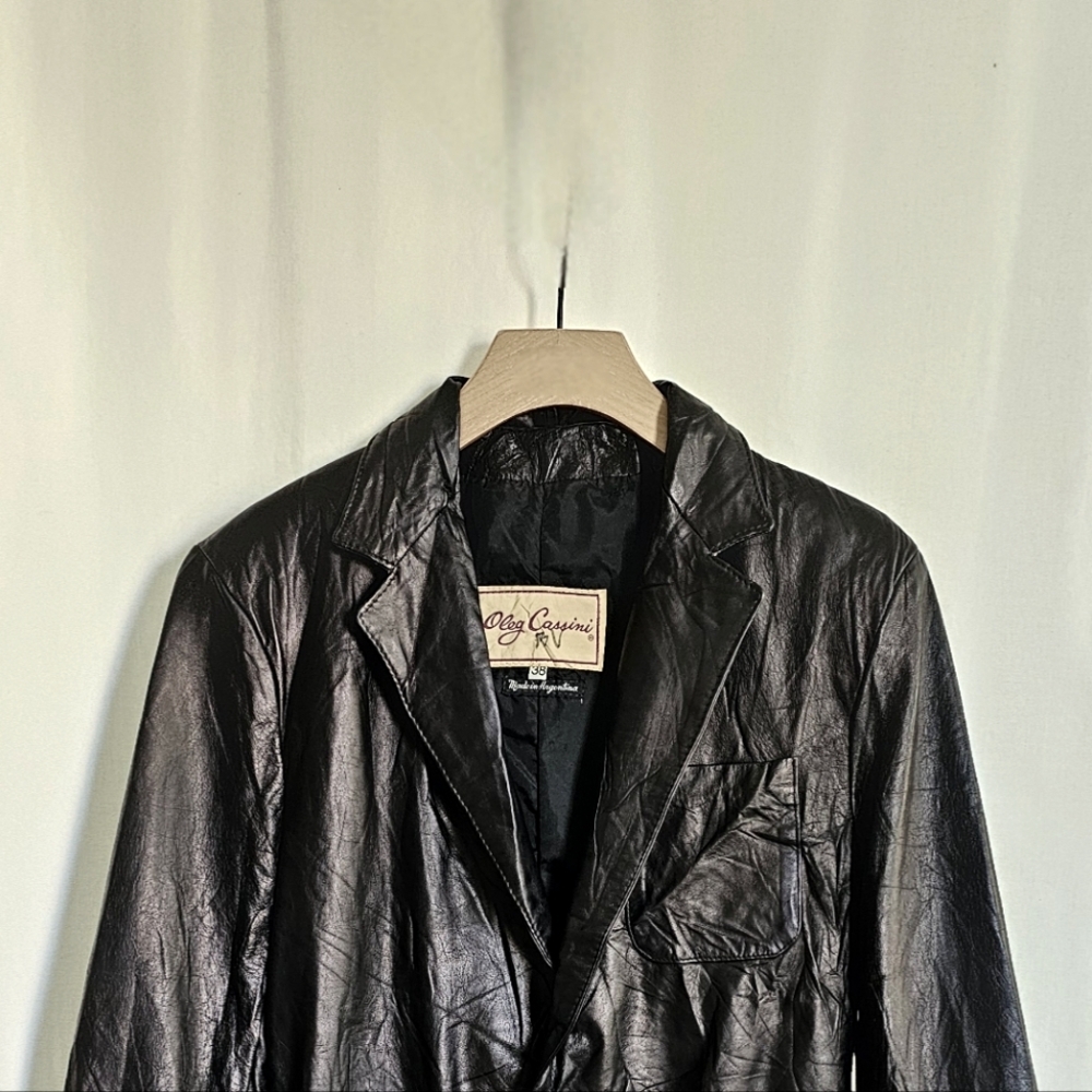 Vintage Oleg Cassini Genuine Leather Black Blazer Jacket - Picture 12 of 16